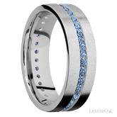 7 mm wide/Flat/14K White Gold band with an Eternity arrangement of 03 carat Round Denim Sapphire stones in a Channel setting